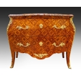 19C French Louis XV Style Parquetry Ormolu Marble Top Commode Cabinet Signed