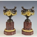 19C French Pair Patinated Gilt Bronze Urns Vases Rouge Marble Base
