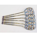19C Russian Gilt Silver Cloisonne Enamel Tea Spoons Set 14 cm