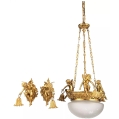 Antique French Gilt Bronze Glass Chandelier Wall Sconces Set Cherubs