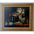 Antique Large German Still Life with Flowers, Fruit, Oysters M.O.Bürger 1889
