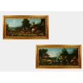 Antique Large Old Master 18th C North Italian Pair Hunting Scenes Oil Paintings