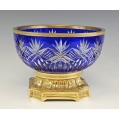 Beautiful Large 19C Bohemian Blue Crystal Gilt Bronze Bowl