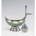 Exceptional Imperial Russian Silver-Gilt & Enamel Kovsh & Spoon A.Kuzmuchev