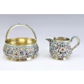 Fine Antique Russian Gilt Silver Cloisonne Enamel Sugar Bowl Creamer Set