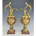 Gorgeous Lrg 19C French Pair Rouge Marble Gilt Bronze Ewers Napoleon III