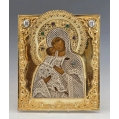 Important 19C Russian Vladimir Mother of God Icon 84 Silver Gilt Filigree Oklad