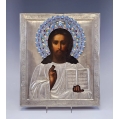 Large 19C Antique Russian Silver Enamel Icon Christ Pantocrator