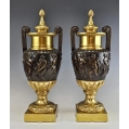 Large Antique French Neoclassical Patinated Gilt Bronze Vases Urns