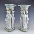 Large Antique German Pair Porcelain Figural Centerpieces Three Graces