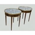 Pair Antique French Louis XVI Mahogany Gilt Bronze Marble Bouillotte Tables