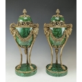 Vintage Lrg PairEmpire Style Malachite Porcelain Gilt Bronze Urns Cassolettes