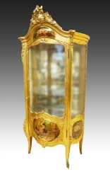 19C Antique Giltwood Louis XIV Vernis Martin Curio Vitrine Cabinet