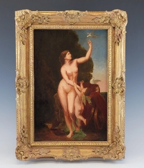 19C English School Oil Painting Of Venus and Cupid Signed