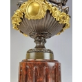 19C French Pair Patinated Gilt Bronze Urns Vases Rouge Marble Base image 6