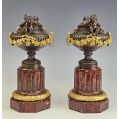 19C French Pair Patinated Gilt Bronze Urns Vases Rouge Marble Base image 9