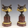19C French Pair Patinated Gilt Bronze Urns Vases Rouge Marble Base image 11