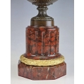 19C French Pair Patinated Gilt Bronze Urns Vases Rouge Marble Base image 14