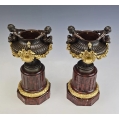 19C French Pair Patinated Gilt Bronze Urns Vases Rouge Marble Base image 15