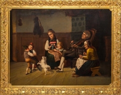 19C German School Oil Canvas Painting Happy Family Scene