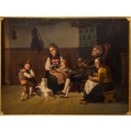 19C German School Oil Canvas Painting Happy Family Scene image 8