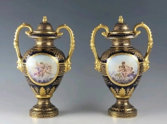 19C Pair Royal Vienna Porcelain Vases Urns