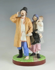 19C Russian Gardner Porcelain Group Figurine of Drinking Peasant