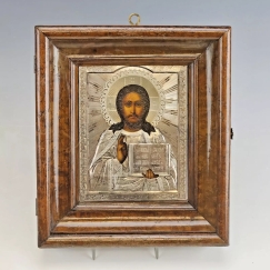 19C Russian Silver Icon Christ Pantocrator Kiot