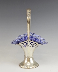 Antique European 800 Silver Bohemian Cobalt Crystal Basket