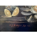 Antique Large German Still Life with Flowers, Fruit, Oysters M.O.Bürger 1889 image 2