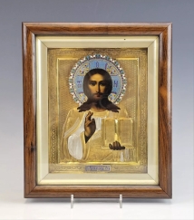 Beautiful Antique Russian Gilt Silver Enamel Icon Christ Pantocrator