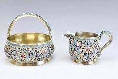 Fine Antique Russian Gilt Silver Cloisonne Enamel Sugar Bowl Creamer Set