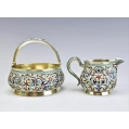 Fine Antique Russian Gilt Silver Cloisonne Enamel Sugar Bowl Creamer Set image 9