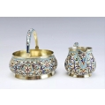 Fine Antique Russian Gilt Silver Cloisonne Enamel Sugar Bowl Creamer Set image 11
