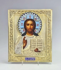 Fine Antique Russian Gilt Silver Enamel Icon Christ Pantocrator