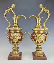 Gorgeous Lrg 19C French Pair Rouge Marble Gilt Bronze Ewers Napoleon III