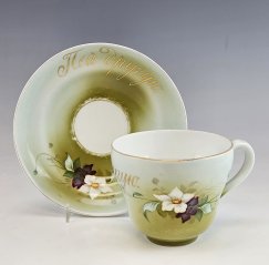 Huge Antique 19C Russian Unique Gardner Porcelain Cup Saucer Hand Painted