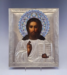 Large 19C Antique Russian Silver Enamel Icon Christ Pantocrator