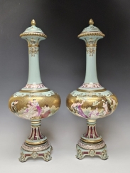 Large Antique Vintage Pair Royal Vienna Style Porcelain Vases Hand Painted