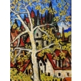 Large Sacha Moldovan Oil Painting European Village Landscape c1960 Signed Framed image 2