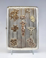 Lrg Antique Russian Silver Gold Cigarette Case with Souvenirs