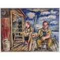 Original David Burliuk Russian/American ( 1882-1967 )Watercolor Fisherman 1938 image 1