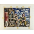 Original David Burliuk Russian/American ( 1882-1967 )Watercolor Fisherman 1938 image 3