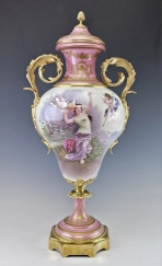 Superior Large 19C French Sevres H/P Porcelain Gilt Bronze Vase Signed