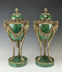 Vintage Lrg PairEmpire Style Malachite Porcelain Gilt Bronze Urns Cassolettes
