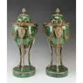 Vintage Lrg PairEmpire Style Malachite Porcelain Gilt Bronze Urns Cassolettes image 6